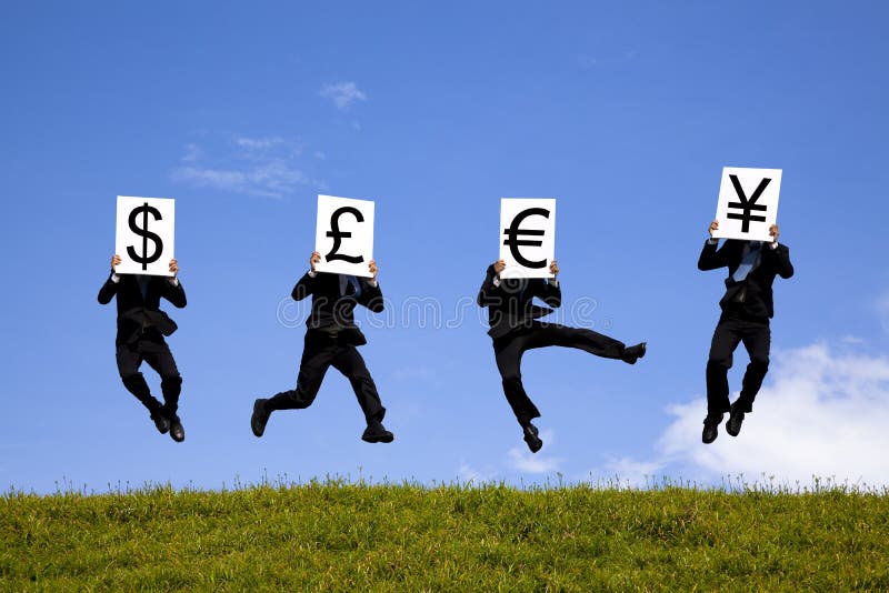 Businessman holding currency signs stock photos