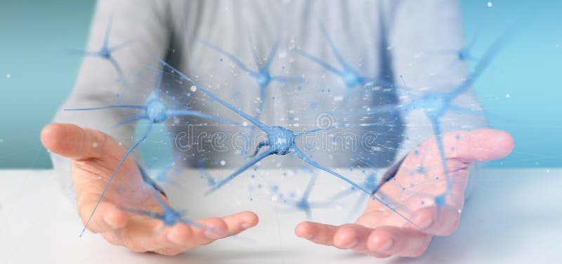 View of a Businessman holding a 3d rendering group of neurons
