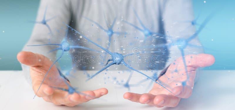 Businessman holding a 3d rendering group of neurons royalty free stock image