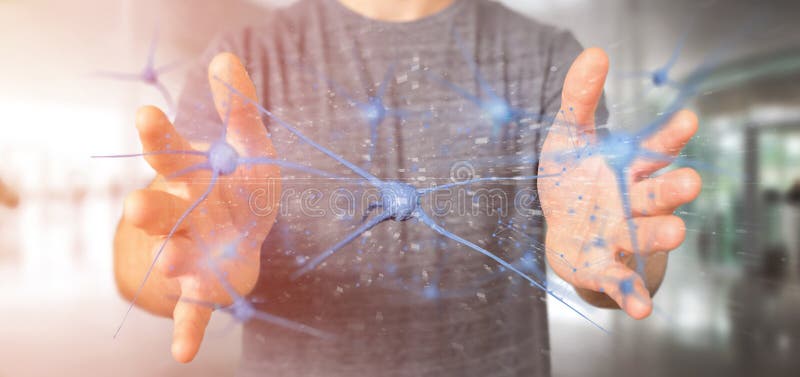 Businessman holding a 3d rendering group of neurons royalty free stock image