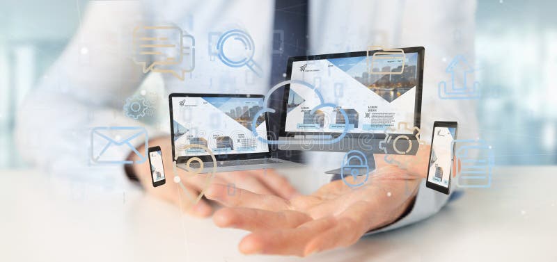 Businessman holding a Devices connected to a cloud multimedia ne stock image