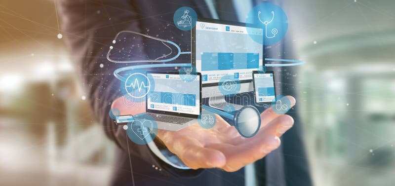 Businessman holding Devices with medical icon and stethoscope 3d rendering royalty free stock photos