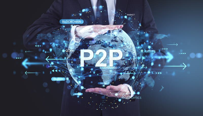 Businessman holding digital globe with P2P text and blockchain financial network concept on futuristic blue background with royalty free stock photos