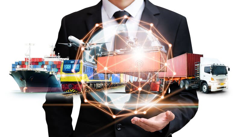 Businessman holding digital globe in palm on white background for logistics import export and container cargo freight ship royalty free stock photos