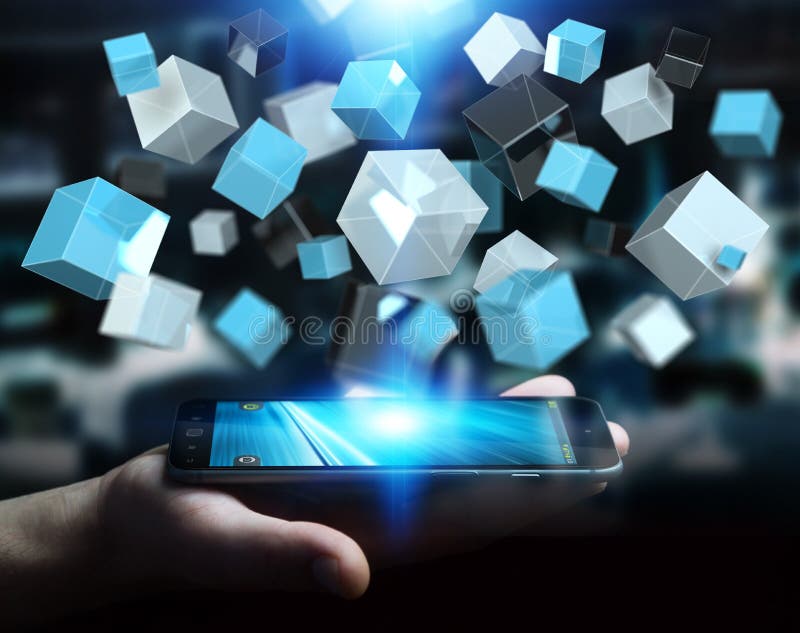 Businessman holding floating blue shiny cube network 3D rendering vector illustration Businessman holding floating blue shiny cube network 3D rendering vector illustration