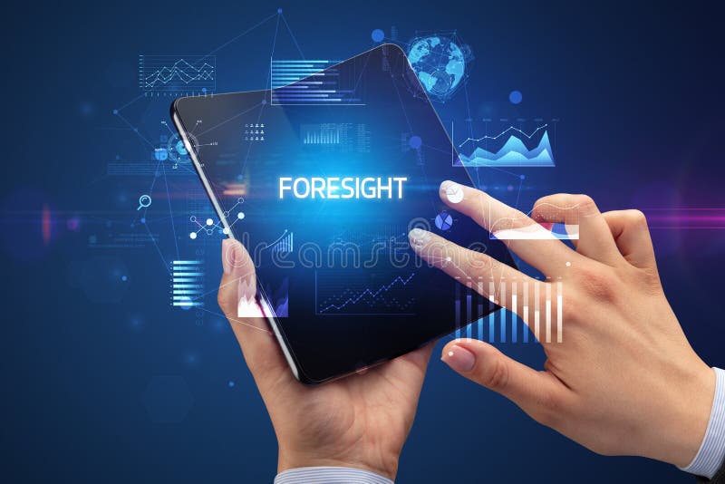 Businessman holding a foldable smartphone with FORESIGHT inscription, successful business concept. Businessman holding a foldable smartphone with FORESIGHT inscription, successful business concept