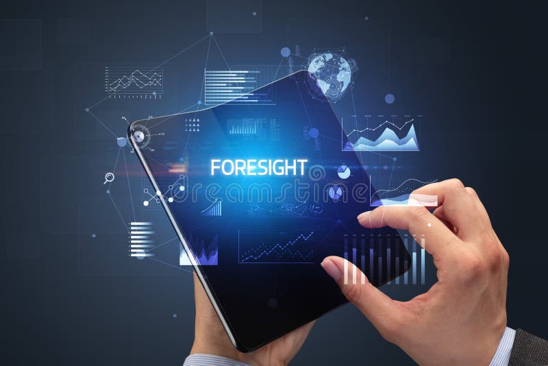 Businessman holding a foldable smartphone with FORESIGHT inscription, successful business concept. Businessman holding a foldable smartphone with FORESIGHT inscription, successful business concept