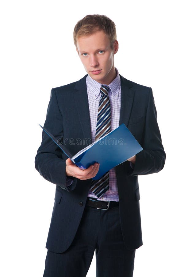 Handsome businessman holding blue folder with document over white. Handsome businessman holding blue folder with document over white