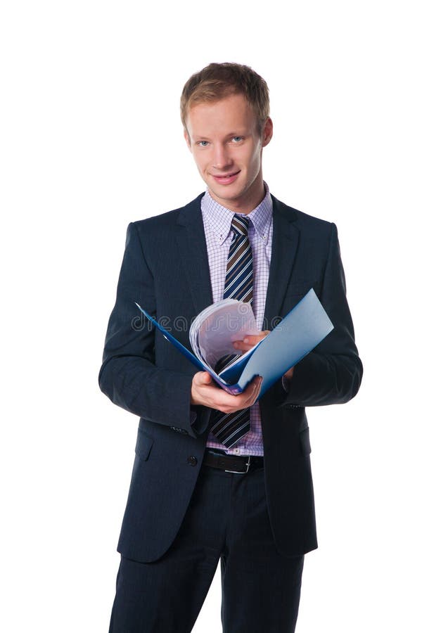 Handsome businessman holding blue folder with document over white. Handsome businessman holding blue folder with document over white