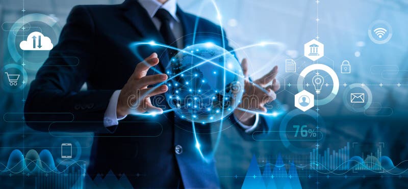 Businessman holding global data network and analyzing sales data and economic growth. stock images