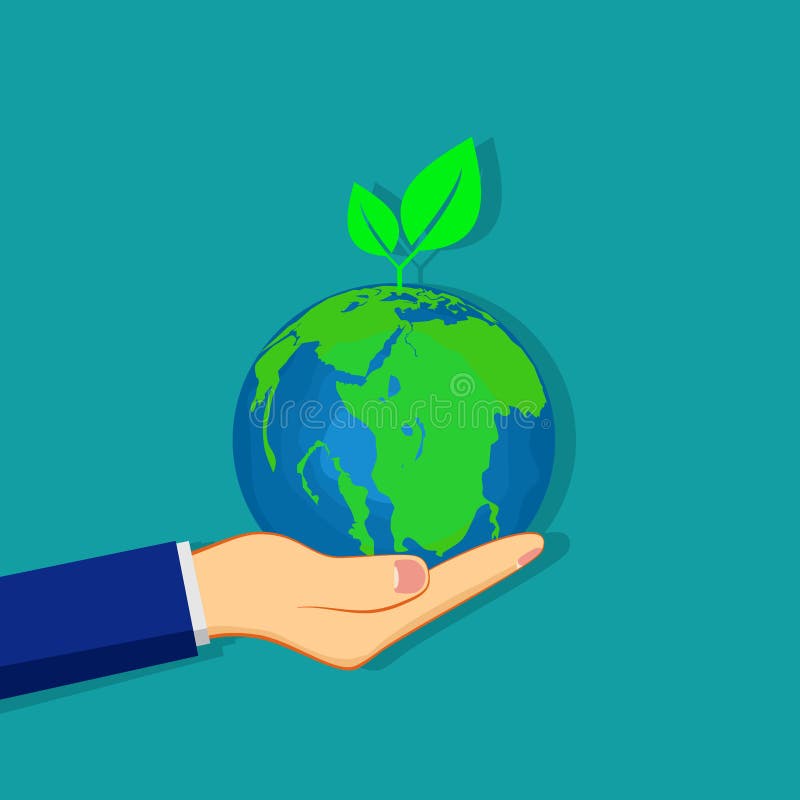Businessman holding a globe with trees. Businessman concept protecting environment stock illustration