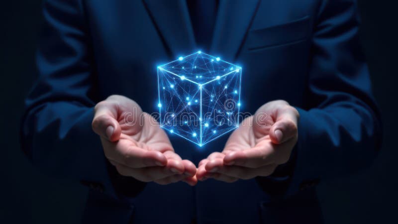 Businessman presenting a glowing cube formed by network connections. Symbolizing technological innovation. Data management. And the interconnected nature of modern business in a dark blue environment. Blockchain network analysis stock images, royalty-free photos and pictures