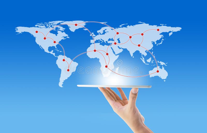Businessman holding in hand tablet with global network communication connection concept, Elements of this image furnished by NASA. Global network connection map stock images, royalty-free photos and pictures