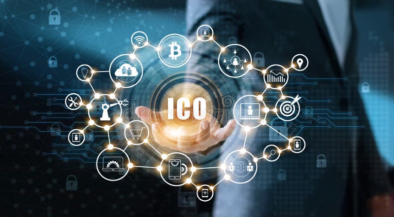 Businessman holding icon with ICO or Initial Coin Offering