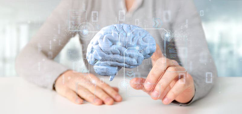 Businessman holding a Intelligence artificial brain with data - 3d rendering stock illustration
