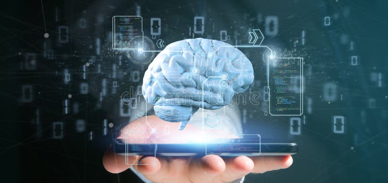 Businessman holding a Intelligence artificial brain with data - 3d rendering stock illustration