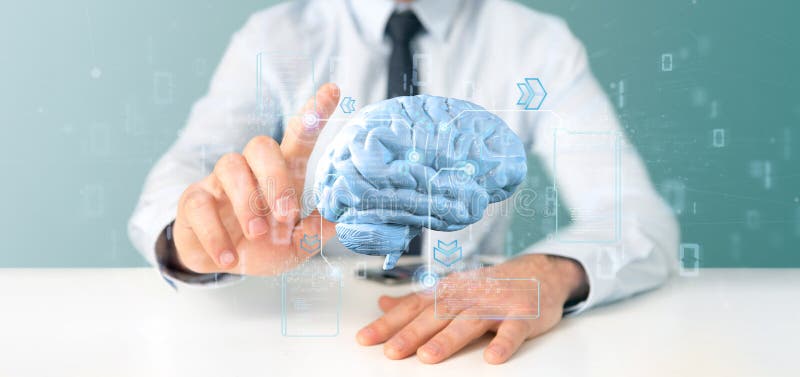 Businessman holding a Intelligence artificial brain with data - 3d rendering stock illustration