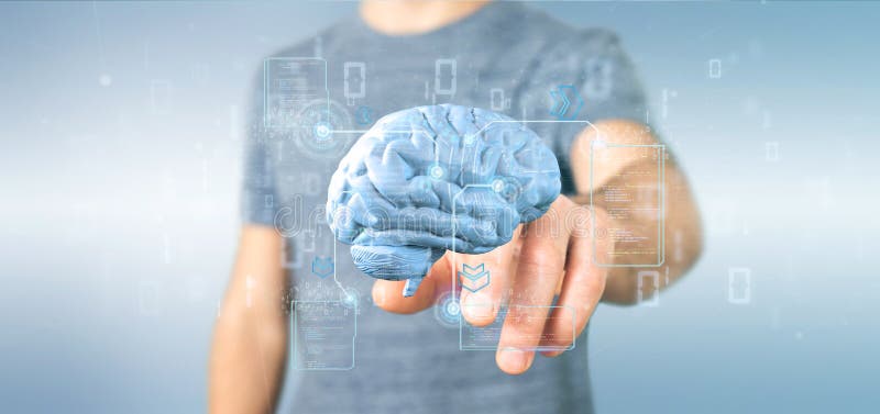 Businessman holding a Intelligence artificial brain with data - 3d rendering royalty free illustration