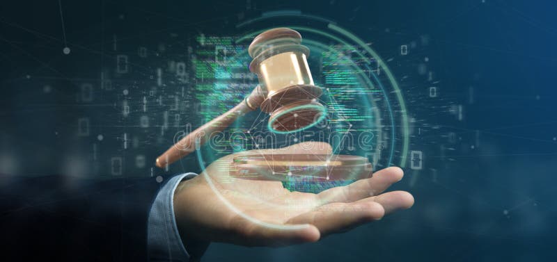 Businessman holding a Justice hammer and data - 3d rendering royalty free stock photo