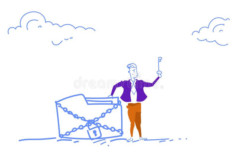 Businessman holding key database chain padlock folder access corporate data protection concept horizontal sketch doodle royalty free illustration
