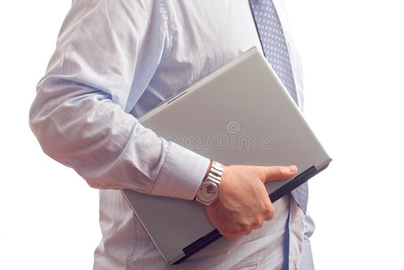 Businessman holding a laptop computer against white background. Laptop personal computer stock images, royalty-free photos and pictures