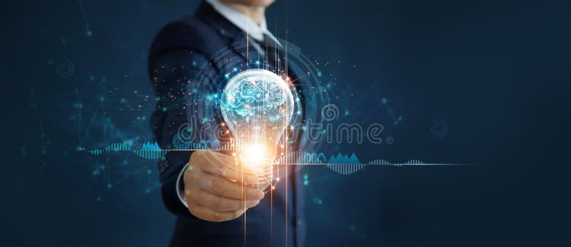 Businessman holding light bulb and brain inside, Idea and imagination, Creative and inspiration, Science innovation with network