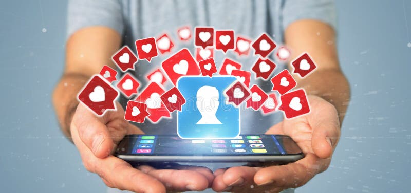 Businessman holding Like notification on a contact on a social media 3d rendering stock images