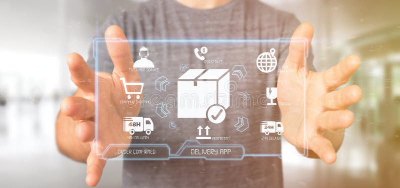 Businessman holding a logistic delivery application screen 3d rendering vector illustration