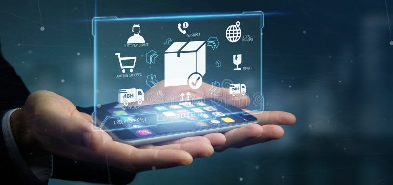 Businessman holding a logistic delivery application screen 3d rendering royalty free stock images