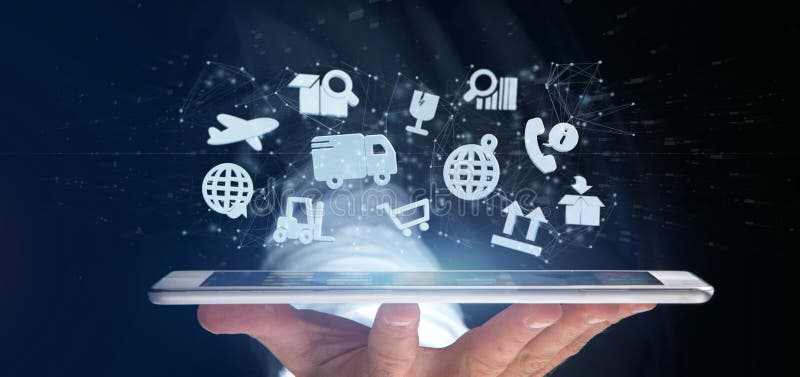 Businessman holding a Logistic organisation with icon and connection 3d rendering vector illustration