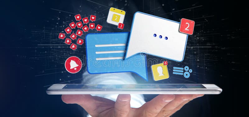 Businessman holding message and notifications of social media 3d rendering stock illustration