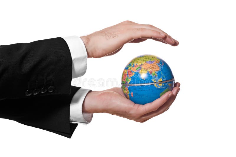 Businessman holding mini globe isolated on white stock photos