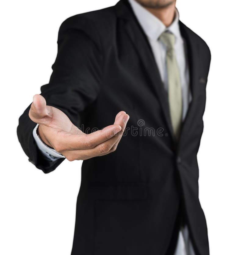 Businessman holding open hand, giving showing concept royalty free stock photo