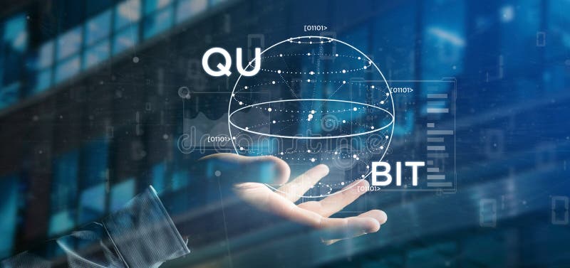 Businessman holding Quantum computing concept with qubit icon 3d rendering stock photo
