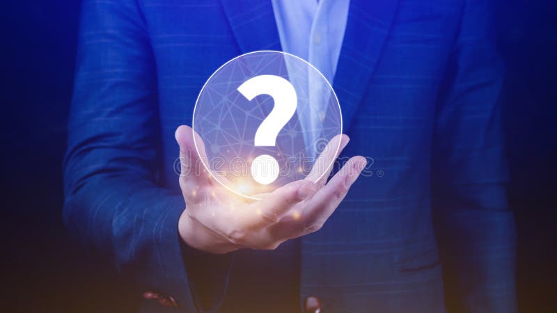 Businessman holding question marks icon, Confused, Thinking, brainstorming or decision making concept, Problem solving, finding stock images