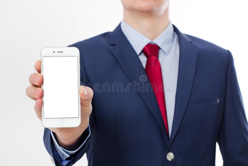 Businessman holding and showing blank screen cell phone isolated on white background. Copy space and selective focus stock photos Businessman holding and showing blank screen cell phone isolated on white background. Copy space and selective focus stock photos
