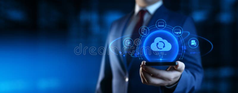 Businessman Holding smartphone with Cloud Computing Icons on Screen. Data transfer and Cloud Backup technology stock photo