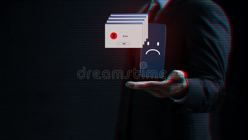 Businessman holding a smartphone with multiple error message windows and a sad face emoji on the screen digital glitch background royalty free illustration