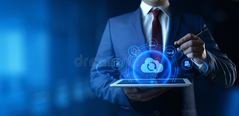 Businessman Holding tablet with Cloud Computing Icons on Screen. Data transfer and Cloud Backup technology stock images