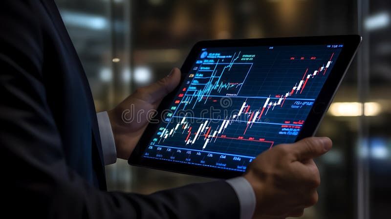 Businessman holding tablet with different graphs and charts. Created with Generative AI technology.. stock illustration.