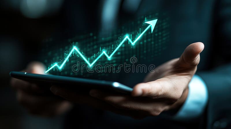 Businessman Holding Tablet, Growth Graph, Office Background, Financial Success vector illustration