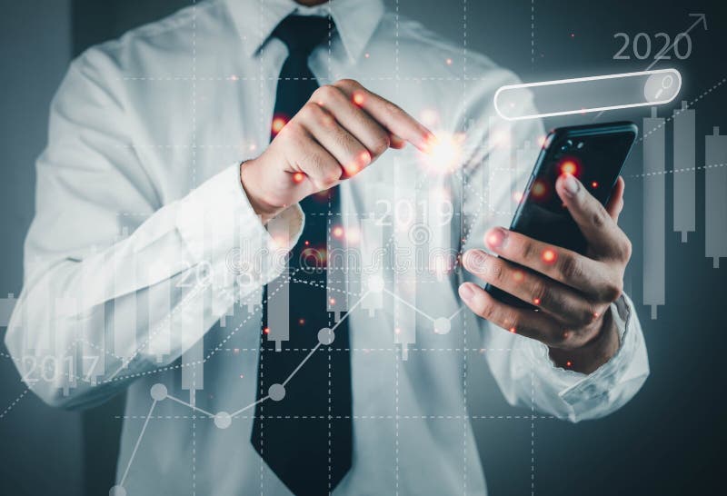 Businessman holding and use the mobile phone to check the stock marketing information around the world Highest stock price and there is a the diagram Infographics connection network.