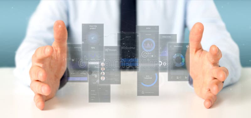 Businessman holding User interface screens with icon, stats and data 3d rendering stock image