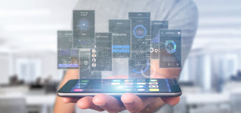 Businessman holding User interface screens with icon, stats and data 3d rendering stock photo Businessman holding User interface screens with icon, stats and data 3d rendering stock photo