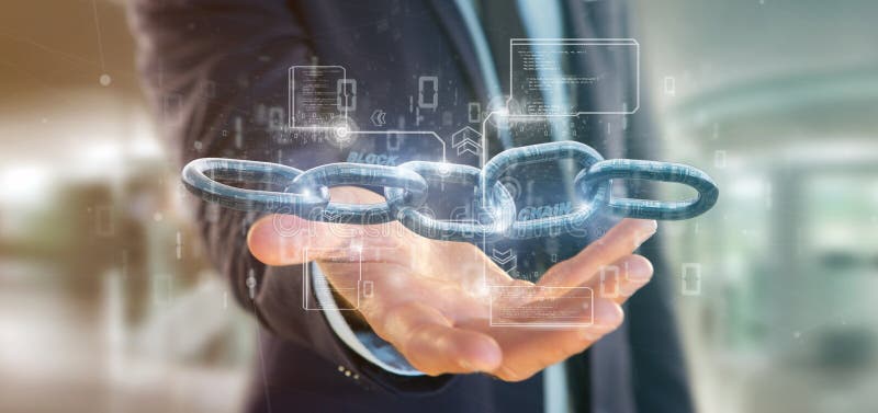 Businessman holding a virtual Blockcahin with data - 3d rendering stock illustration