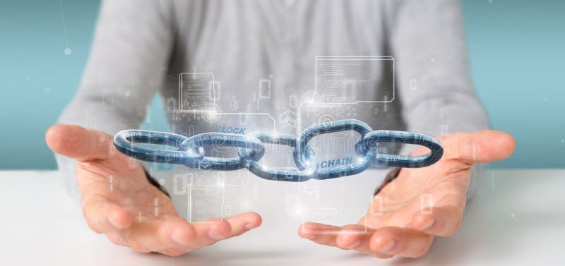 Businessman holding a virtual Blockcahin with data - 3d rendering royalty free illustration