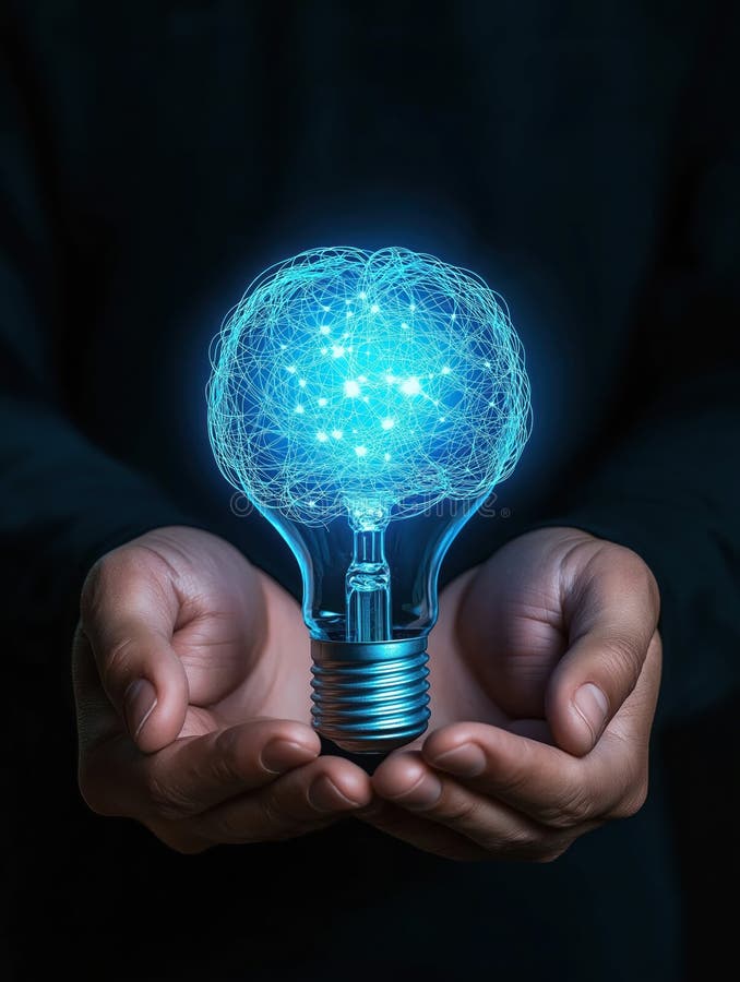Businessman holds glowing blue lightbulb shaped like brain. Concept of creative thinking, problem-solving. Innovative approach to royalty free illustration