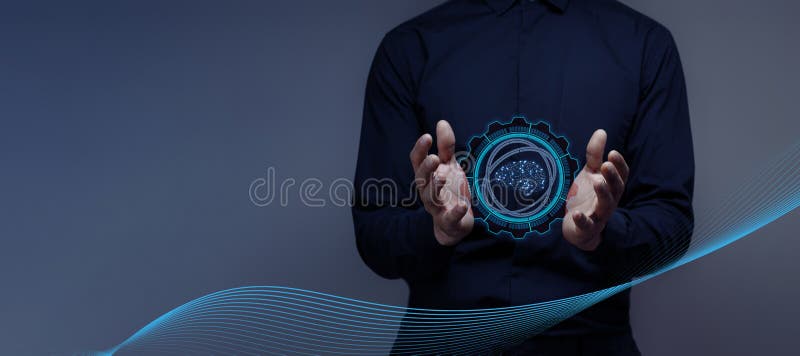 businessman holds a hologram of an artificial intelligence brain. concept of futuristic technologies, machine learning