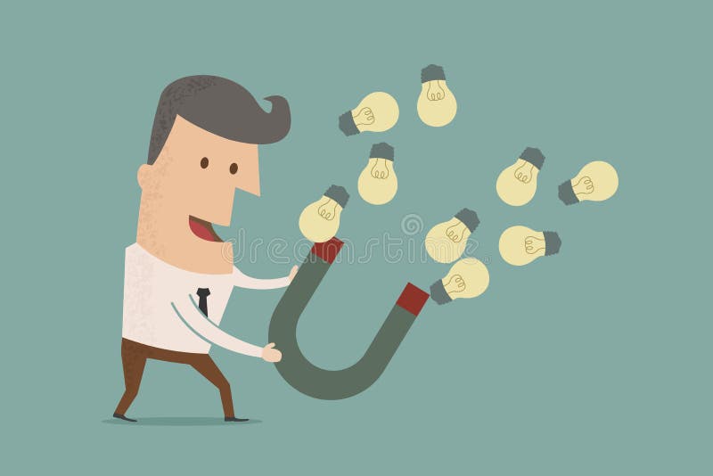 Businessman with horseshoe magnet collecting light bulb vector illustration