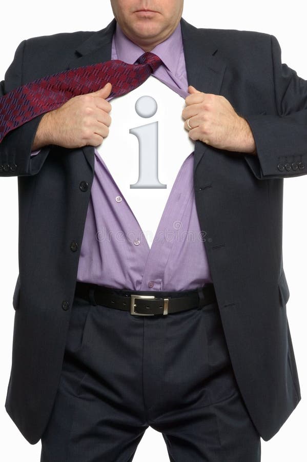 Close cropped image of a businessman pulling his shirt open to reveal an information icon. Close cropped image of a businessman pulling his shirt open to reveal an information icon.